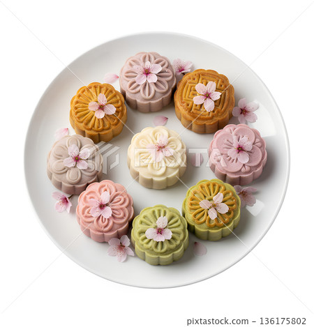 Isolated gourmet scene of baked mooncakes with pink cherry blossoms, ideal for seasonal promotions, cultural celebrations, and elegant desserts Isolated gourmet scene of baked mooncakes with pink cherry blossoms, ideal for seasonal promotions, cultural celebrations, and elegant desserts 136175802