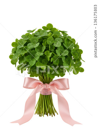 Fresh, hand-tied bouquet of green clovers and shamrocks with a delicate pink ribbon, symbolizing luck, nature, and simple, thoughtful gifts 136175803