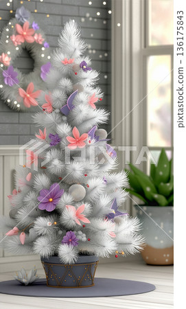 Christmas tree flower décor, charming Christmas décor with pink flowers and warm sunlight create a cozy atmosphere 136175843