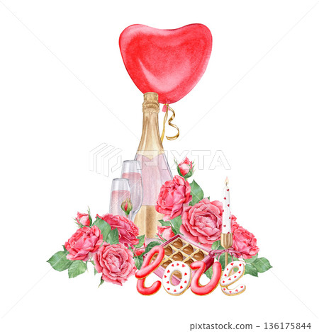 Romantic Watercolor illustration with rose champagne, heart balloon , red roses, candles and "LOVE" cookie . Luxury valentines day still life isolated on white. 136175844