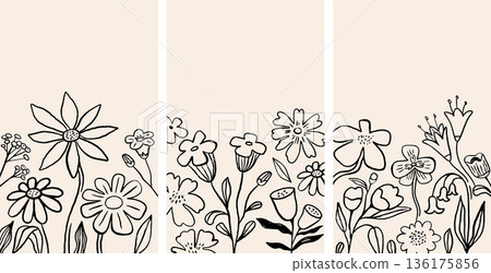 Vintage hand drawn floral print and poster templates collection. Vertical card backgrounds set. 136175856