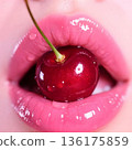 Glossy Pink Lips Holding Red Cherry Close Up 136175859