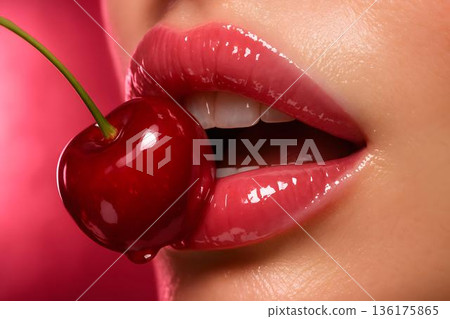 Red Cherry Between Glossy Female Lips Close Up Red Cherry Between Glossy Female Lips Close Up 136175865
