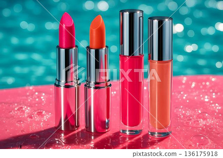 Colorful Lipsticks and Lip Gloss on Sparkling Background Colorful Lipsticks and Lip Gloss on Sparkling Background 136175918