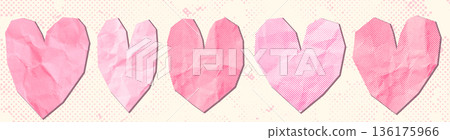Pink vector paper hearts collage stickers, Romantic graphic design elements for Valentine's Day, wedding and journal designs and backgrounds 136175966