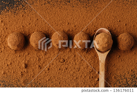 Cocoa dusted chocolate truffles in a row with wooden spoon, top view Cocoa dusted chocolate truffles in a row with wooden spoon, top view 136176011
