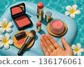 Summer Makeup Flat Lay with Cosmetics Floating on Pool Water 136176061