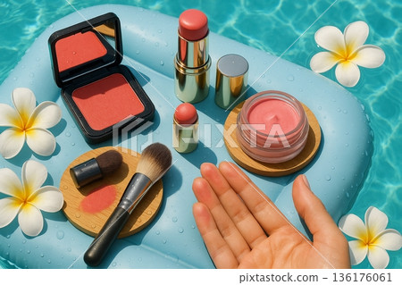 Summer Makeup Flat Lay with Cosmetics Floating on Pool Water 136176061