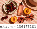 Summer Lifestyle Flat Lay with Cherries, Peaches and Sunglasses 136176181