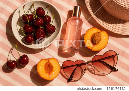 Summer Lifestyle Flat Lay with Cherries, Peaches and Sunglasses 136176181