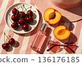 Summer Flat Lay with Cherries, Peaches, Perfume and Sunglasses 136176185