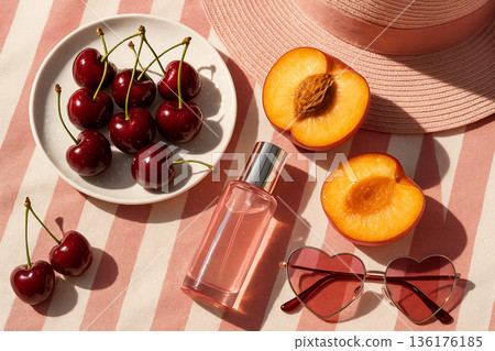 Summer Flat Lay with Cherries, Peaches, Perfume and Sunglasses Summer Flat Lay with Cherries, Peaches, Perfume and Sunglasses 136176185