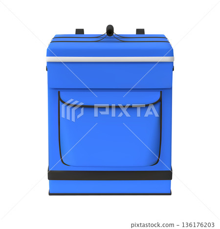 3D blue courier delivery backpack, vector realistic thermal box container for food, grocery product shipping front view 136176203