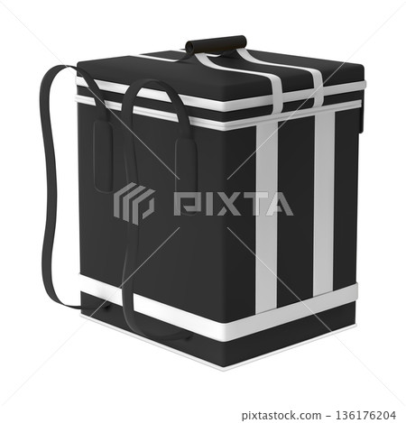 3D black courier delivery backpack, vector realistic thermal box container refrigerator for fresh food product shipping 136176204
