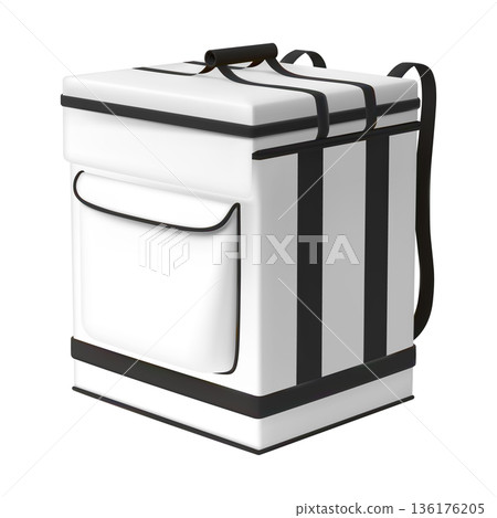 3D white courier delivery backpack, vector realistic thermal box container refrigerator for fresh food product shipping 136176205