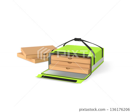 Pizza fast food takeaway packages in food delivery courier handle bag, vector 3D green takeaway thermal box container Pizza fast food takeaway packages in food delivery courier handle bag, vector 3D green takeaway thermal box container 136176206