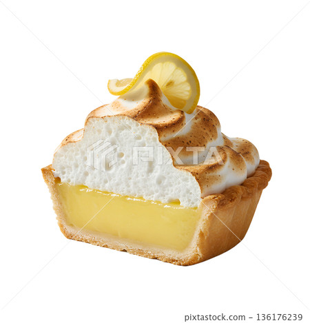 Classic homemade lemon meringue pie with toasted peaks, perfectly sliced and isolated on a white background for food blogs and menus Classic homemade lemon meringue pie with toasted peaks, perfectly sliced and isolated on a white background for food blogs and menus 136176239