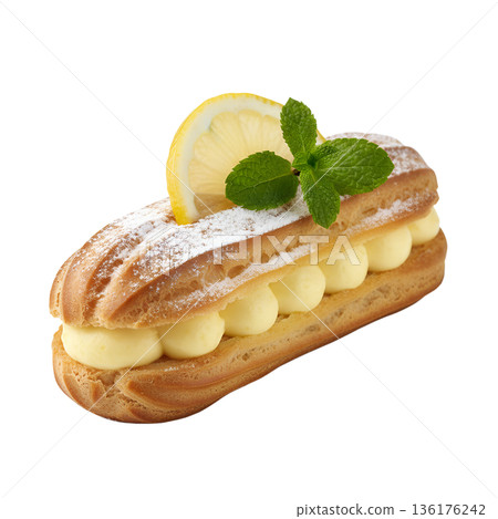 Delicious, elegant lemon eclair with yellow cream filling and lemon glaze, perfectly isolated on a white background for patisserie menus and food blogs 136176242