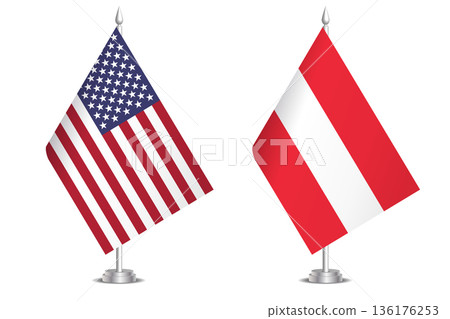 Flags of United States and Austria. The concept of partnership and joint action. Symbol of partnership, cooperation, international collaboration, peaceful negotiations, alliance, bilateral 136176253