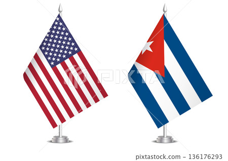 Flags of United States and Cuba. The concept of partnership and joint action. Symbol of partnership, cooperation, international collaboration, peaceful negotiations, alliance, bilateral communication Flags of United States and Cuba. The concept of partnership and joint action. Symbol of partnership, cooperation, international collaboration, peaceful negotiations, alliance, bilateral communication 136176293