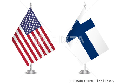 Flags of United States and Finland. The concept of partnership and joint action. Symbol of partnership, cooperation, international collaboration, peaceful negotiations, alliance, bilateral 136176309