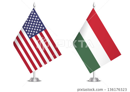 Flags of United States and Hungary. The concept of partnership and joint action. Symbol of partnership, cooperation, international collaboration, peaceful negotiations, alliance, bilateral 136176323
