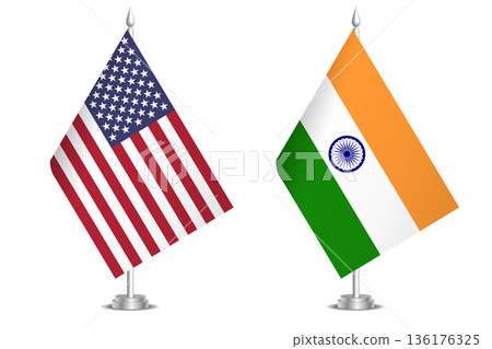 Flags of United States and India. The concept of partnership and joint action. Symbol of partnership, cooperation, international collaboration, peaceful negotiations, alliance, bilateral communication 136176325