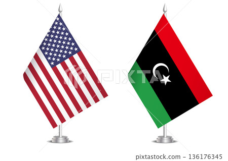 Flags of United States and Libya. The concept of partnership and joint action. Symbol of partnership, cooperation, international collaboration, peaceful negotiations, alliance, bilateral communication 136176345