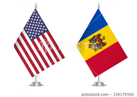 Flags of United States and Moldova. The concept of partnership and joint action. Symbol of partnership, cooperation, international collaboration, peaceful negotiations, alliance, bilateral 136176560
