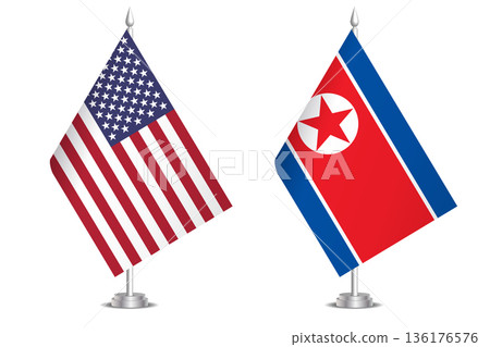 Flags of United States and North Korea. The concept of partnership and joint action. Symbol of partnership, cooperation, international collaboration, peaceful negotiations, alliance, bilateral 136176576