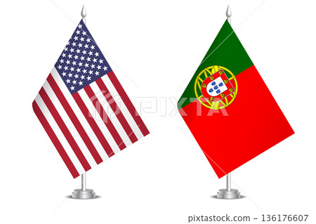 Flags of United States and Portugal. The concept of partnership and joint action. Symbol of partnership, cooperation, international collaboration, peaceful negotiations, alliance, bilateral 136176607