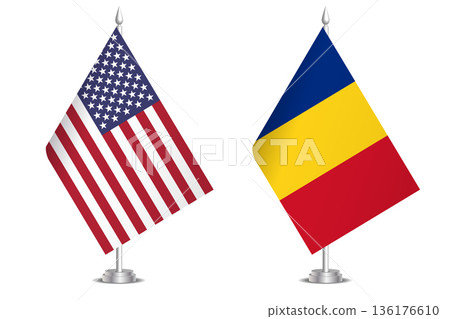 Flags of United States and Romania. The concept of partnership and joint action. Symbol of partnership, cooperation, international collaboration, peaceful negotiations, alliance, bilateral 136176610