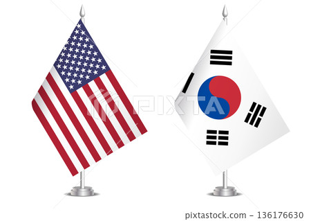 Flags of United States and South Korea. The concept of partnership and joint action. Symbol of partnership, cooperation, international collaboration, peaceful negotiations, alliance, bilateral Flags of United States and South Korea. The concept of partnership and joint action. Symbol of partnership, cooperation, international collaboration, peaceful negotiations, alliance, bilateral 136176630
