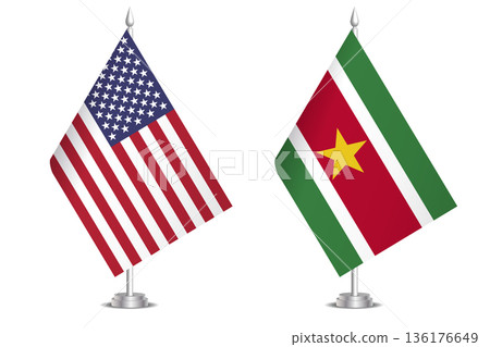 Flags of United States and Suriname. The concept of partnership and joint action. Symbol of partnership, cooperation, international collaboration, peaceful negotiations, alliance, bilateral 136176649