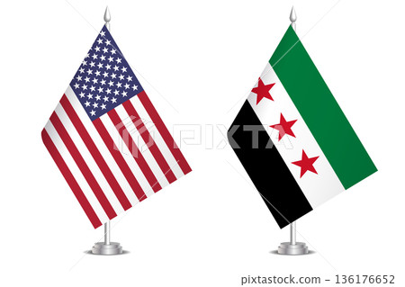 Flags of United States and Syria. The concept of partnership and joint action. Symbol of partnership, cooperation, international collaboration, peaceful negotiations, alliance, bilateral communication Flags of United States and Syria. The concept of partnership and joint action. Symbol of partnership, cooperation, international collaboration, peaceful negotiations, alliance, bilateral communication 136176652