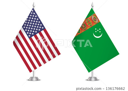 Flags of United States and Turkmenistan. The concept of partnership and joint action. Symbol of partnership, cooperation, international collaboration, peaceful negotiations, alliance, bilateral 136176662