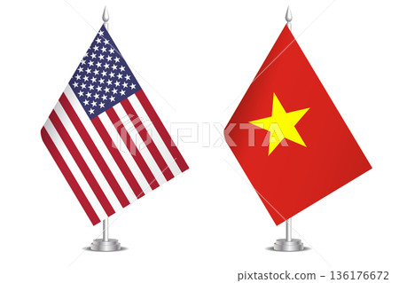 Flags of United States and Vietnam. The concept of partnership and joint action. Symbol of partnership, cooperation, international collaboration, peaceful negotiations, alliance, bilateral Flags of United States and Vietnam. The concept of partnership and joint action. Symbol of partnership, cooperation, international collaboration, peaceful negotiations, alliance, bilateral 136176672