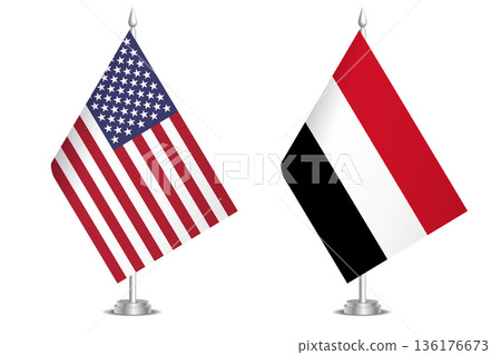 Flags of United States and Yemen. The concept of partnership and joint action. Symbol of partnership, cooperation, international collaboration, peaceful negotiations, alliance, bilateral communication Flags of United States and Yemen. The concept of partnership and joint action. Symbol of partnership, cooperation, international collaboration, peaceful negotiations, alliance, bilateral communication 136176673