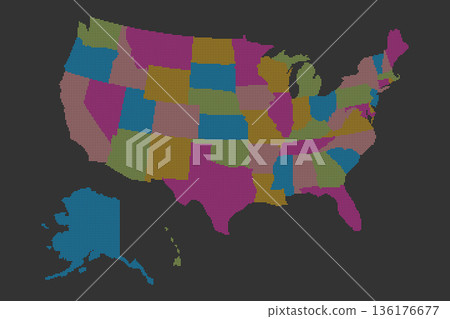 This detailed pixel map displays the various states of the USA, each represented in vibrant colors. The layout showcases the geographical arrangement of the states. This detailed pixel map displays the various states of the USA, each represented in vibrant colors. The layout showcases the geographical arrangement of the states. 136176677