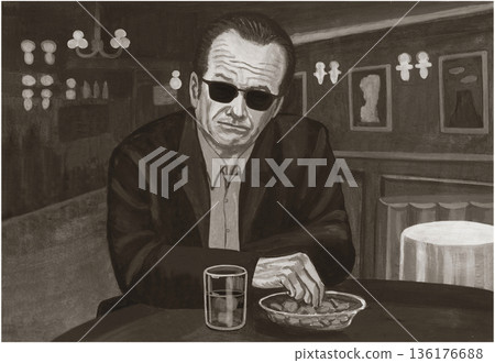 A cool-looking middle-aged man drinking at a bar A cool-looking middle-aged man drinking at a bar 136176688