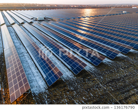 Large Solar Power Plant with Photovoltaic Panels from Above 136176790