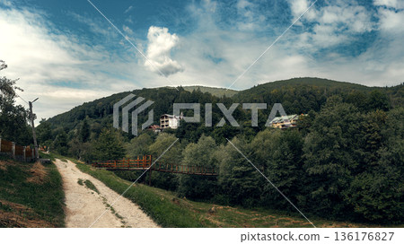 Rural Road and Footbridge in Forested Mountain Village 136176827