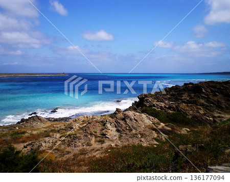 Turquoise crystal-clear sea and white sandy beach in Stintino, Olbia, Sardinia, Italy. Stunning Mediterranean seascape with shallow transparent water, soft waves, and bright summer light. Famous for 136177094
