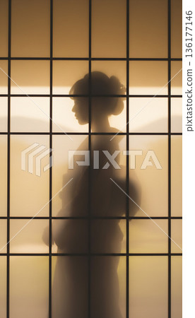 障子門上映出一位身著和服的年輕女子的模糊身影 136177146