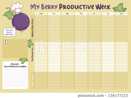 Productive Week Meal Planner. Weekly Kitchen Organizer with Cute Kawaii Blackcurrant Male Chef Character. Printable Green Landscape Menu Schedule and Habit Checklist. Horizontal Vector Illustration 136177223