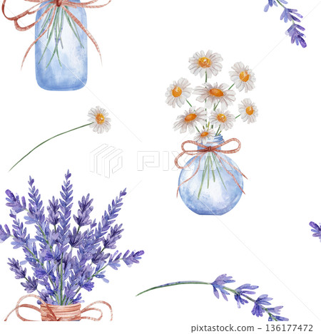 Seamless watercolor pattern with bouquets of daisies and lavender in glass vases on white background. Botanical illustrations flowers in realistic style for wrap, textiles, packaging, tablecloths 136177472