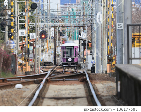 Keifuku Electric Railroad 01 Series train photographed near Ryoanji Station Keifuku Electric Railroad 01 Series train photographed near Ryoanji Station 136177593