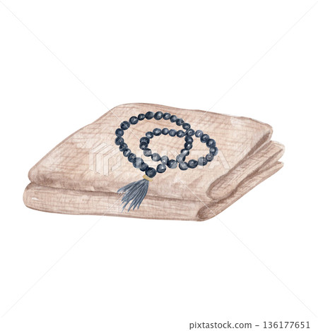Prayer beads on folded linen cloth watercolor illustration isolated on white. Perfect for Christian design, church graphics, devotional layouts and contemplative content. Devotion during Lent season 136177651