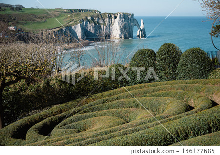 Jardins d'Etretat on the Alabaster Coast Cliffs Jardins d'Etretat on the Alabaster Coast Cliffs 136177685