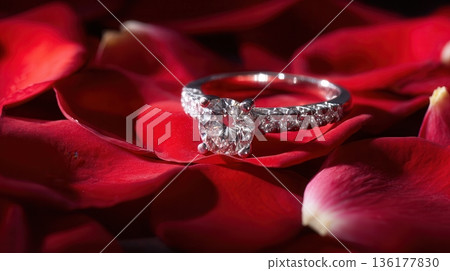 diamond engagement ring on red rose petals diamond engagement ring on red rose petals 136177830